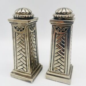 Godinger Salt and Pepper Shakers OS Art Deco Silver Plated Obelisk Column Set 4"